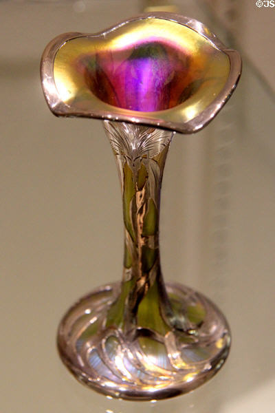 Sweet Pea glass vase with silver overlay (1901-24) by Quezal Art Glass & Decorating Co. of Brooklyn, NY at Museum of American Glass. Milville, NJ.