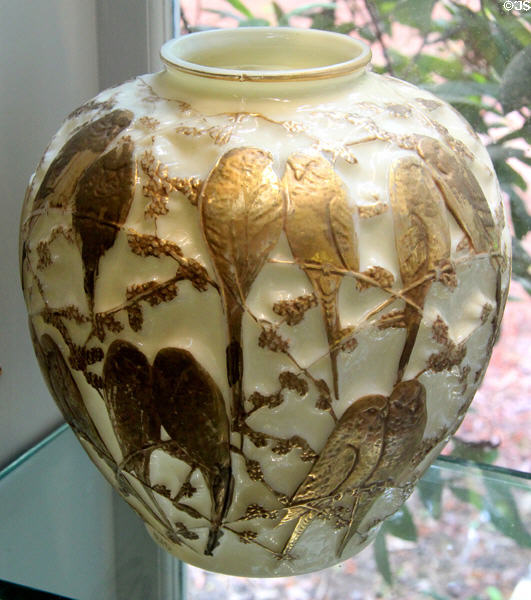 Lovebirds glass vase (c1938) by Consolidated Lamp & Glass of Coraopolis, PA at Museum of American Glass. Milville, NJ.