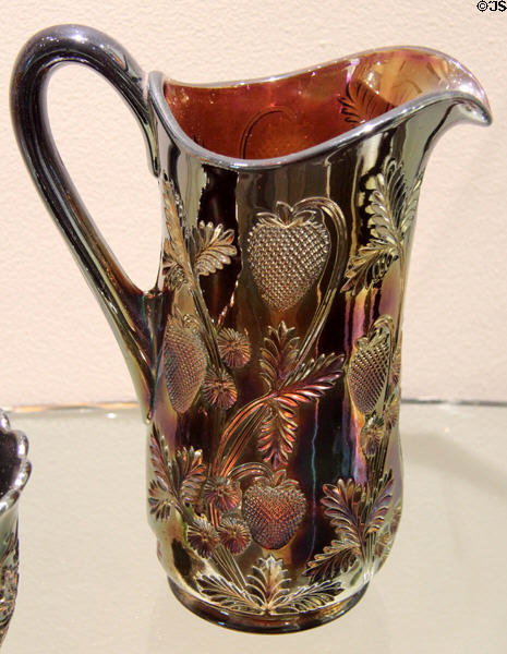 Carnival Glass purple inverted strawberry pitcher by Cambridge Glass Co. at Museum of American Glass. Milville, NJ.