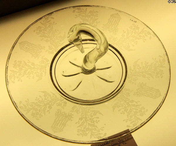 Gazebo etched serving plate with swan neck handle c1930 by Paden City Glass Mfg. Co. of Paden City, WV at Museum of American Glass. Milville, NJ.