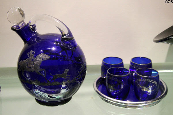Ball decanter, tray & tumblers with silver deposit decoration (1931-40) by Cambridge Glass Co. of Cambridge, OH at Museum of American Glass. Milville, NJ.