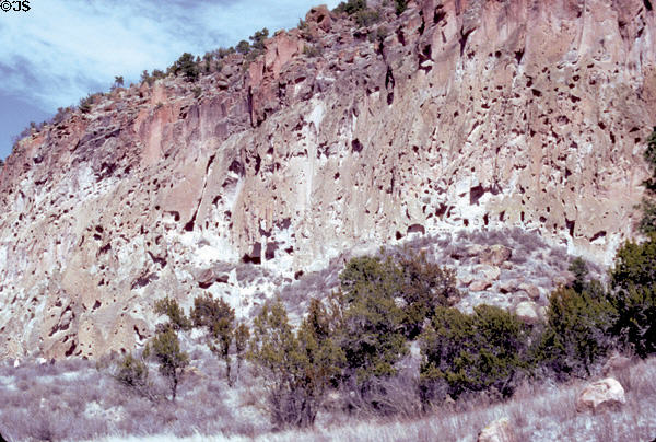 Cliff with caves used by ancient native peoples at Bandelier National Monument. NM.