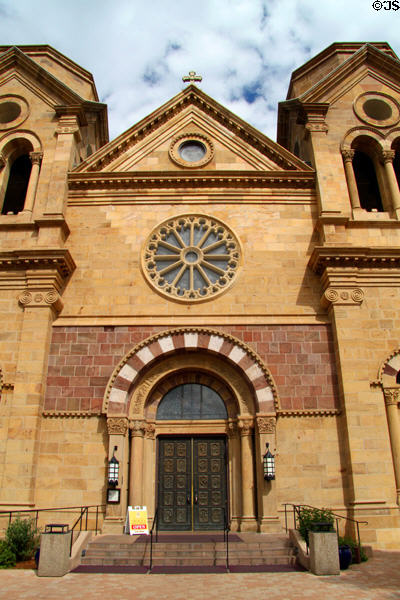 Facade of St. Francis Cathedral with bronze doors. Santa Fe, NM.