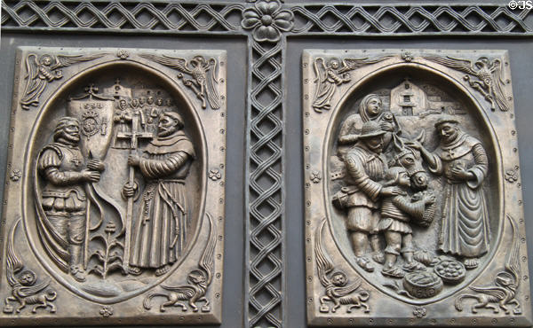 Spanish colonizer Juan de Oñate arrives (1598) & parish church built (1610) on panels of St. Francis Cathedral bronze door. Santa Fe, NM.