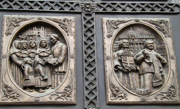 Jean-Baptiste Lamy arrives (1852) & Vatican scene appointing first bishop(1853) on panels of St. Francis Cathedral bronze door. Santa Fe, NM.