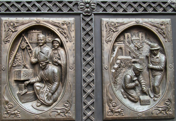 Construction starts on new Cathedral (1869) & architect changes (1880) on panels of St. Francis Cathedral bronze door. Santa Fe, NM.