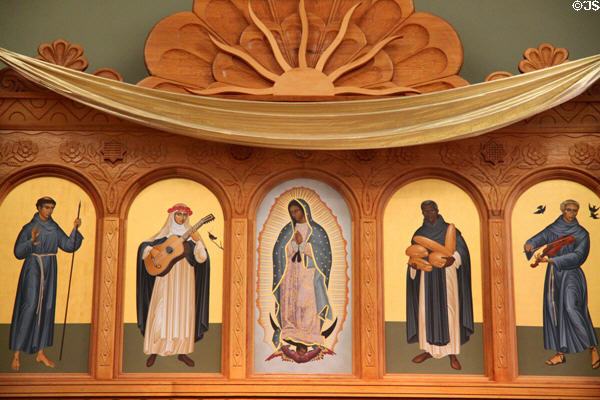 Reredos (1986) of St Francis Cathedral with saints by Robert Lentz of the New World. Santa Fe, NM.
