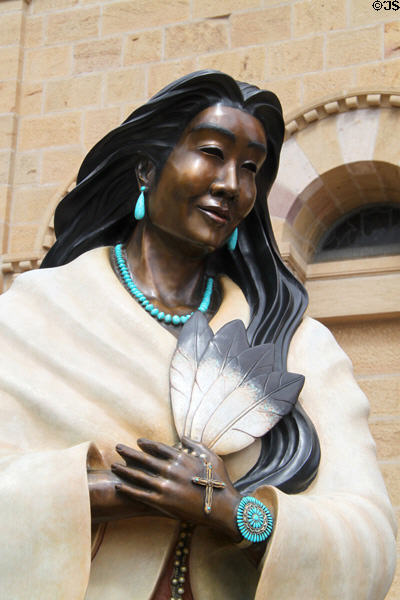 Detail of statue of Kateri Tekakwitha (16561680) first North American Indian to be beatified at St. Francis Cathedral. Santa Fe, NM.