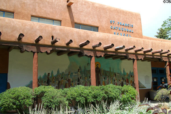 St Francis Cathedral School with settlers mural. Santa Fe, NM.