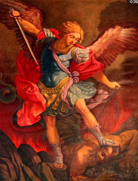 Painting of St. Michael slaying a devil at San Miguel Mission. Santa Fe, NM.
