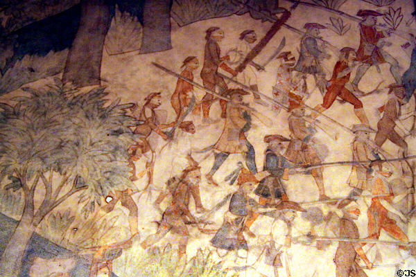 Segesser hide painting detail of skirmish (1720) between Spanish with Pueblo allies from Santa Fe & other Europeans with Pawnee allies in present day Kansas at New Mexico History Museum. Santa Fe, NM.