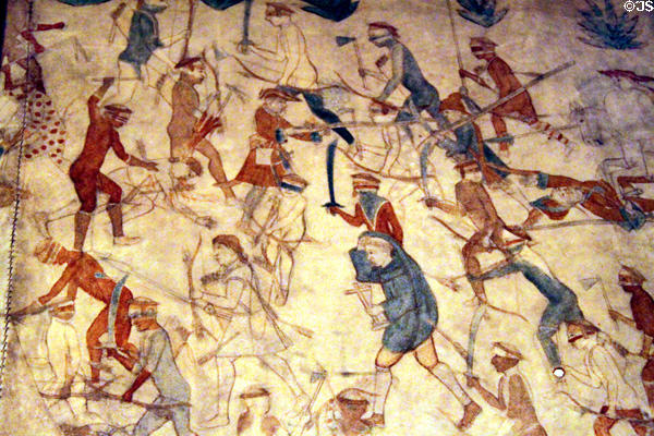 Segesser hide painting detail of skirmish (1720) between Spanish with Pueblo allies from Santa Fe & other Europeans with Pawnee allies in present day Kansas at New Mexico History Museum. Santa Fe, NM.