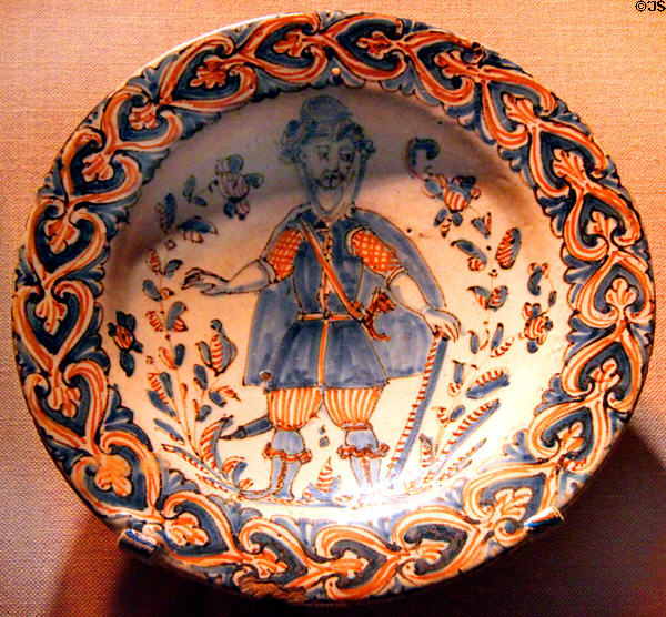 Spanish bowl with painted soldier at New Mexico History Museum. Santa Fe, NM.
