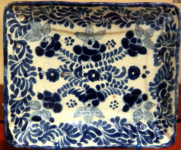 Majolica rectangular blue-on-white tray (late 17thC) probably made locally in New Mexico at New Mexico History Museum. Santa Fe, NM.