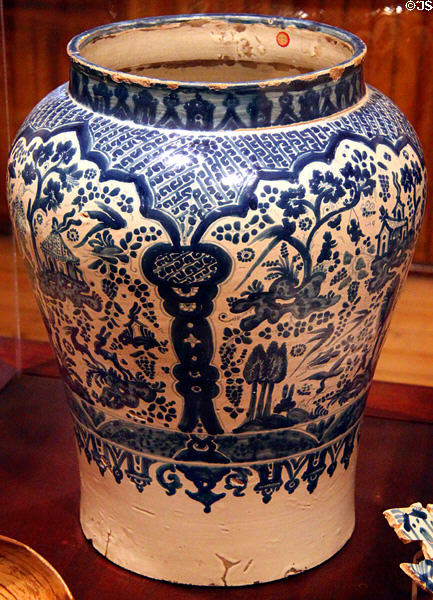 Majolica Puebla blue-on-white tibor (late 17thC) at New Mexico History Museum. Santa Fe, NM.