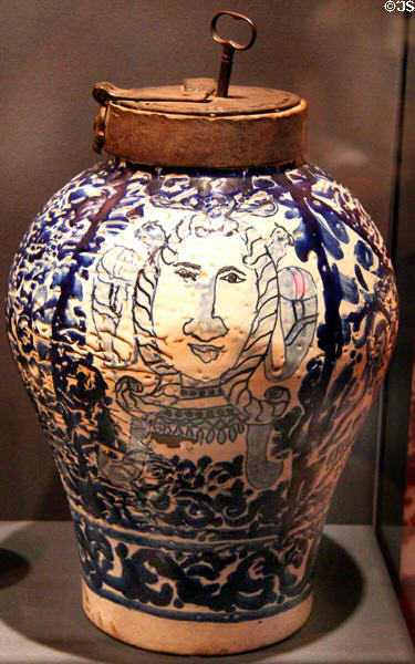 Puebla blue-on-white chocolate storage jar (17th C) at New Mexico History Museum. Santa Fe, NM.