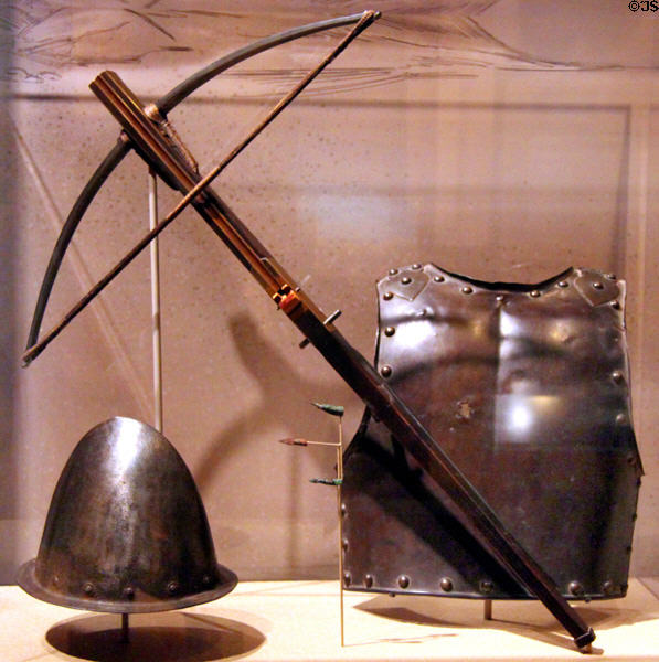 Spanish armor & crossbow (c1550) at New Mexico History Museum. Santa Fe, NM.