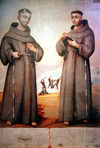 Two Franciscan Martyrs painting who killed along with 19 other priests & 400 settlers during Pueblo Revolt (1680) which drove nearly all settlers from Indian lands at New Mexico History Museum. Santa Fe, NM.