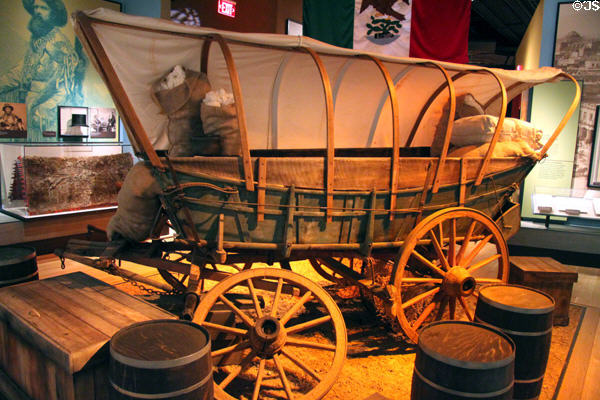 Reproduction of covered wagon at New Mexico History Museum. Santa Fe, NM.