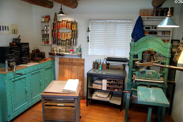 Printmaking shop of artist Gustave Baumann recreated at New Mexico History Museum. Santa Fe, NM.