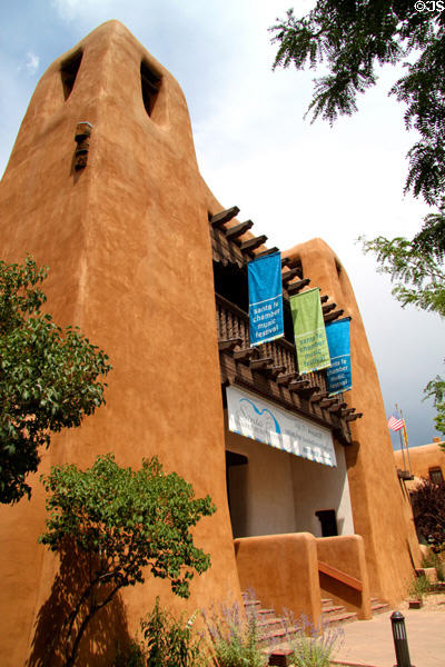 Pueblo-style towers of New Mexico Museum of Art. Santa Fe, NM.