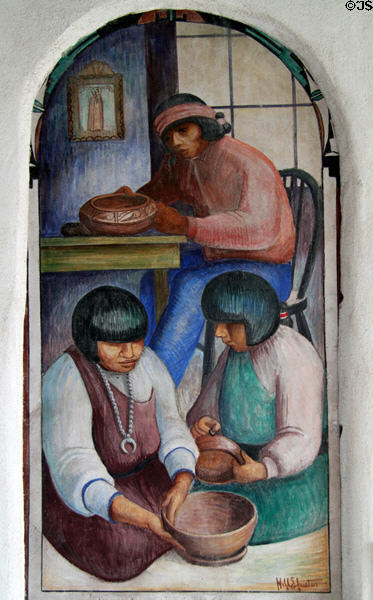Natives Making Pottery fresco (1934) by Will Shuster in courtyard of New Mexico Museum of Art. Santa Fe, NM.