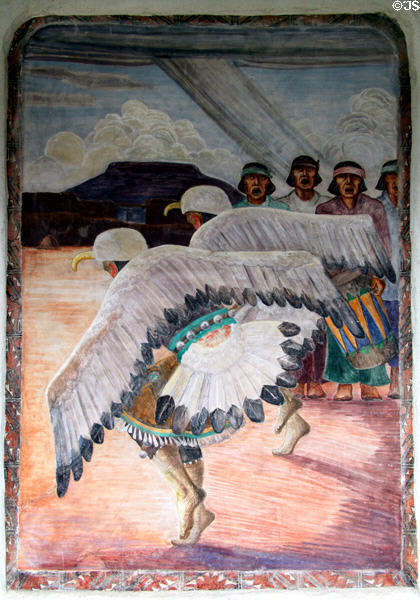 Natives dancing Voice in the Sky fresco (1934) by Will Shuster in courtyard of New Mexico Museum of Art. Santa Fe, NM.