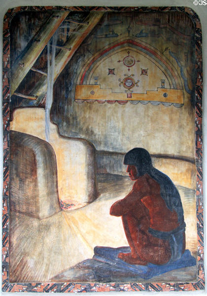 Natives in Kiva Voice of the Sipapu fresco (1934) by Will Shuster in courtyard of New Mexico Museum of Art. Santa Fe, NM.