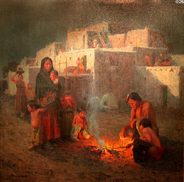 Taos Pueblo - Moonlight painting (1914) by E. Irving Couse at New Mexico Museum of Art. Santa Fe, NM.
