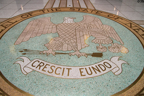New Mexico eagle with arrows seal on floor of State Capitol. Santa Fe, NM.