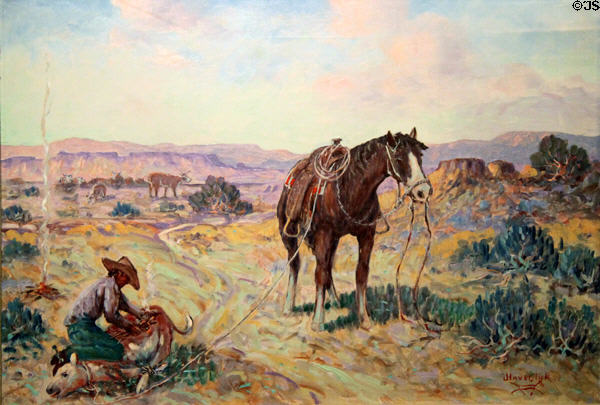 Cowboy branding a calf painting (c1950s) by Jake H. Haverstick in NM State Capitol Art Collection. Santa Fe, NM.