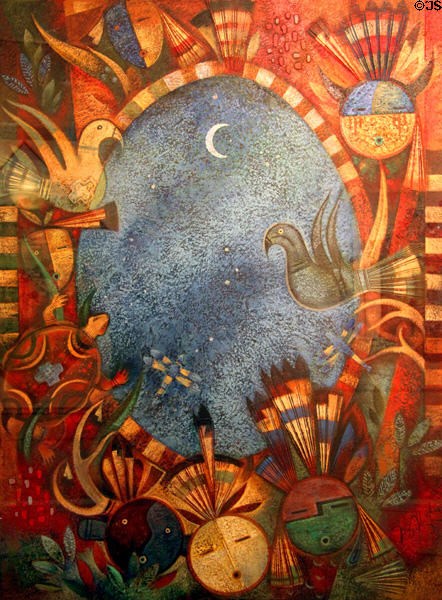 Untitled oil & sand painting of birds & native masks (2008) by Tony Abeyta in NM State Capitol Art Collection. Santa Fe, NM.