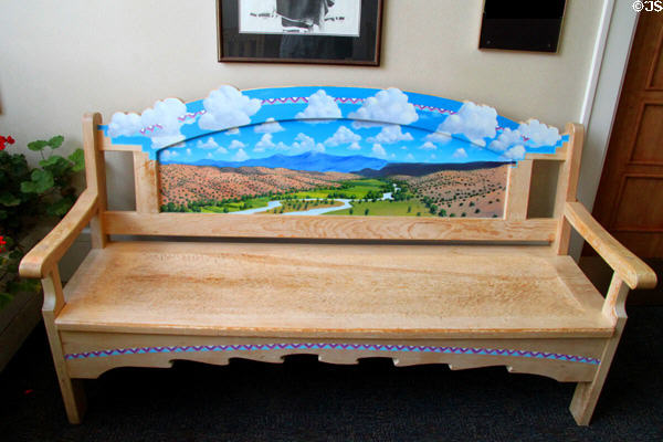 Taos style bench (1991) by Chris Woolam in NM State Capitol Art Collection. Santa Fe, NM.
