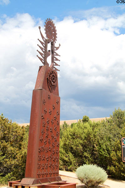 Modern sculpture (1990) by Apache artist Bob Haozous on Museum Hill. Santa Fe, NM.