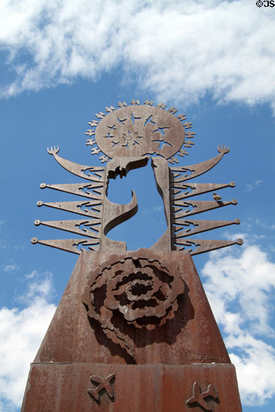 Detail of sculpture (1990) by Apache artist Bob Haozous on Museum Hill. Santa Fe, NM.