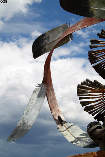 Feather detail of Apache Mountain Spirit Dancer sculpture (1995) by Craig Dan Goseyun at Museum of Indian Arts & Culture. Santa Fe, NM.
