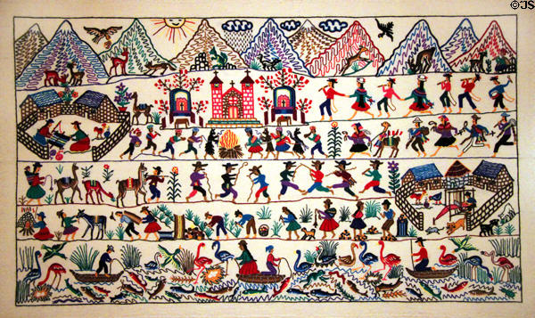 Embroidered village scene from Peru (2007) at Museum of International Folk Art. Santa Fe, NM.