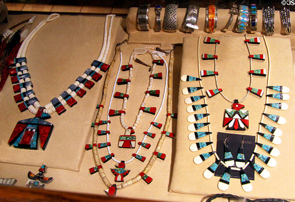 Indian jewelry in shop at Wheelwright Museum of the American Indian. Santa Fe, NM.