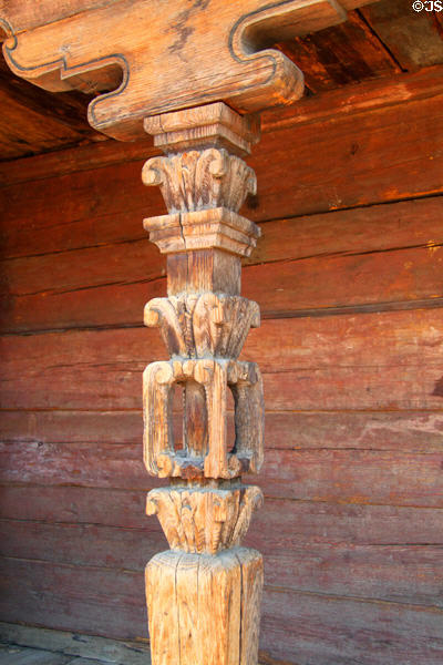 Carved porch column on Mexican Colonial House (c1780) at Museum of Spanish Colonial Art. Santa Fe, NM.