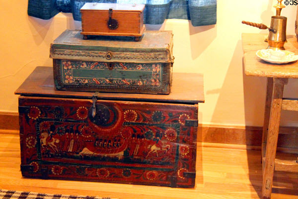Chests (19thC) from Mexico, China or Philippines, & Michoacán Mexico in Delgado home display at Museum of Spanish Colonial Art. Santa Fe, NM.
