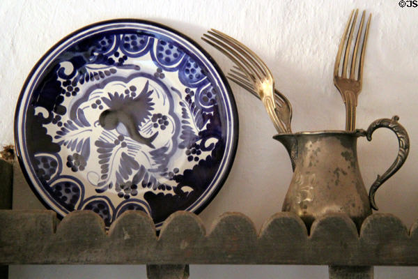 Blue decorated plate & pitcher with forks at Rancho de las Golondrinas. Santa Fe, NM.