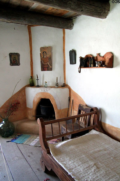 Bedroom in Mora house at Rancho de las Golondrinas. Santa Fe, NM.