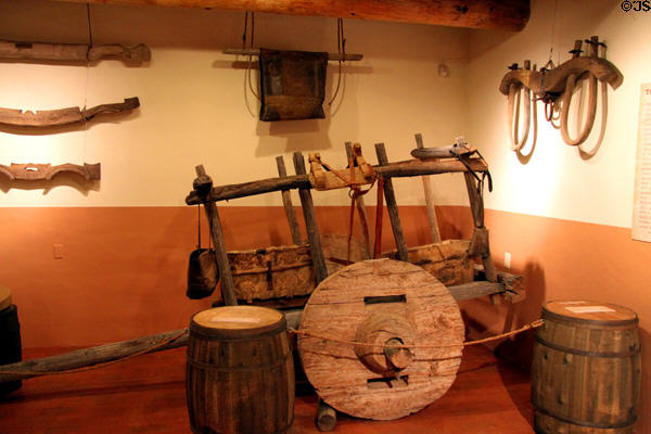 Spanish-style carreta oxcart & yokes in Museum at Rancho de las Golondrinas. Santa Fe, NM.