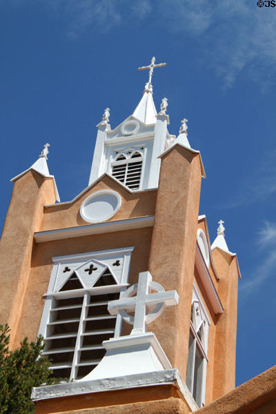 Gothic tower (1861) of San Felipe de Neri Church. Albuquerque, NM.