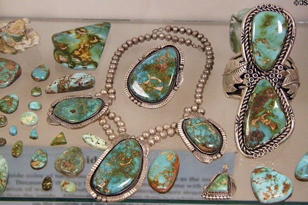 Native jewelry using Royston, NV blue & green Turquoise at Turquoise Museum. Albuquerque, NM.