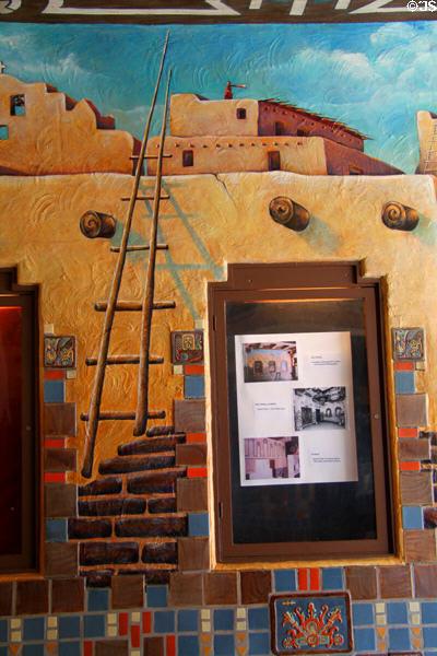 Native pueblo mural over tiles of KiMo Theatre. Albuquerque, NM.