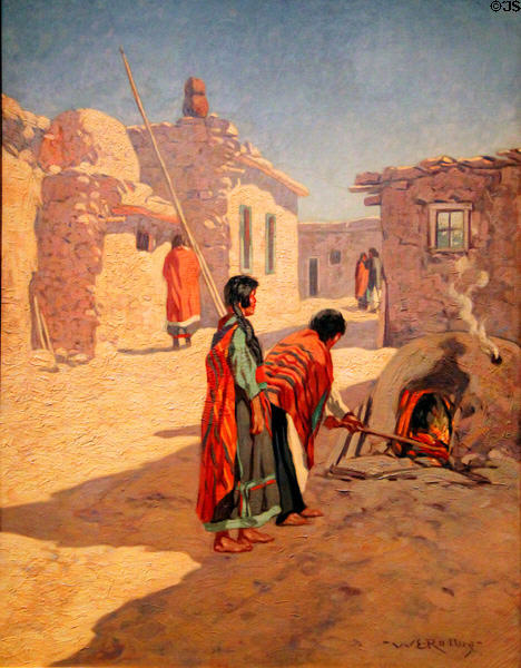Pueblo of Zuni Bread Makers (1917) by Warren Rollins at Albuquerque Museum. Albuquerque, NM.