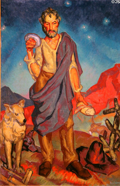El Pastor (Sheepherder) painting (1921) by William Penhallow Henderson at Albuquerque Museum. Albuquerque, NM.