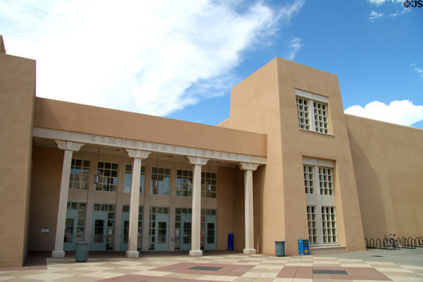 Zimmerman Library (1937, 65 & 74) at University of New Mexico. Albuquerque, NM. Style: Pueblo Revival. Architect: John Gaw Meem.