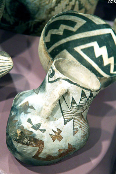 Gallup black-on-white pottery duckpot with birds (c950-1100) at Maxwell Museum of Anthropology. Albuquerque, NM.